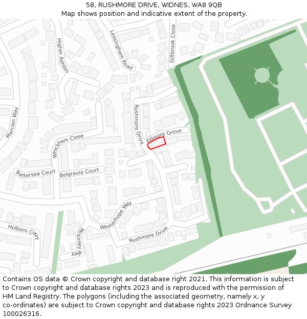 58, RUSHMORE DRIVE, WIDNES, WA8 9QB: Location map and indicative extent of plot