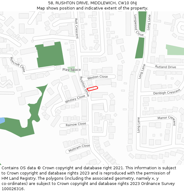 58, RUSHTON DRIVE, MIDDLEWICH, CW10 0NJ: Location map and indicative extent of plot