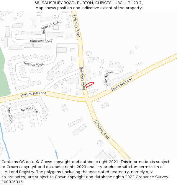 58, SALISBURY ROAD, BURTON, CHRISTCHURCH, BH23 7JJ: Location map and indicative extent of plot