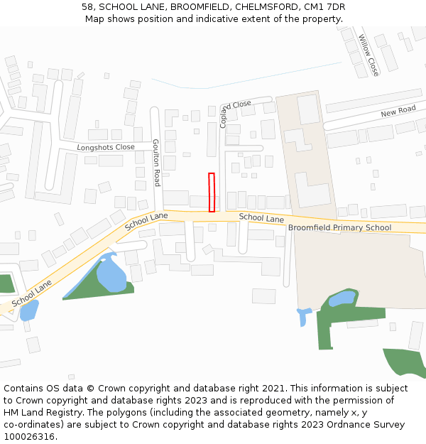 58, SCHOOL LANE, BROOMFIELD, CHELMSFORD, CM1 7DR: Location map and indicative extent of plot