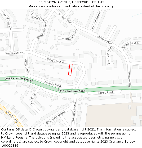 58, SEATON AVENUE, HEREFORD, HR1 1NR: Location map and indicative extent of plot