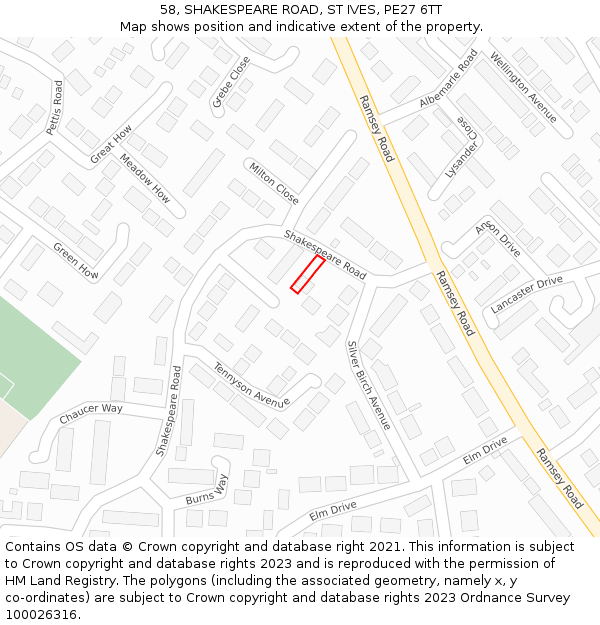 58, SHAKESPEARE ROAD, ST IVES, PE27 6TT: Location map and indicative extent of plot