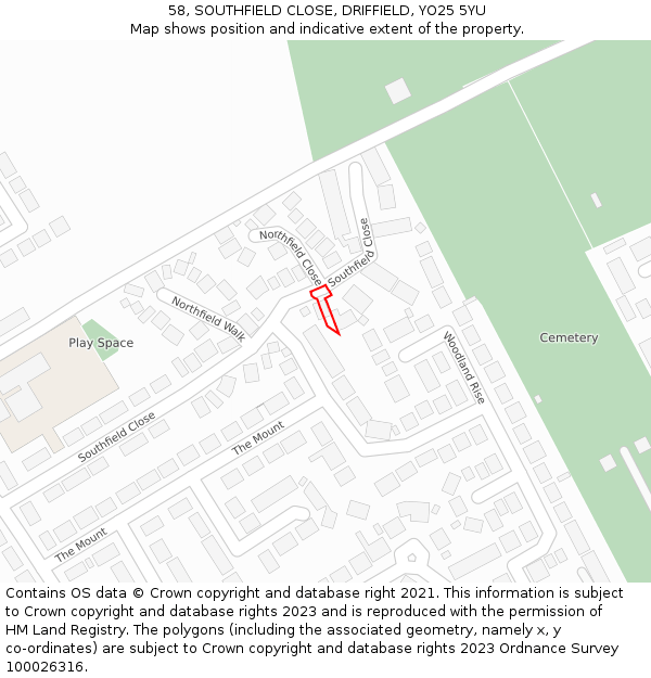 58, SOUTHFIELD CLOSE, DRIFFIELD, YO25 5YU: Location map and indicative extent of plot