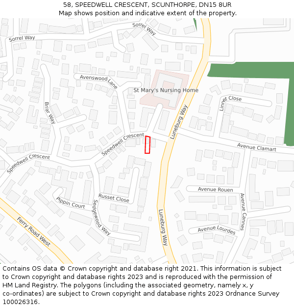 58, SPEEDWELL CRESCENT, SCUNTHORPE, DN15 8UR: Location map and indicative extent of plot