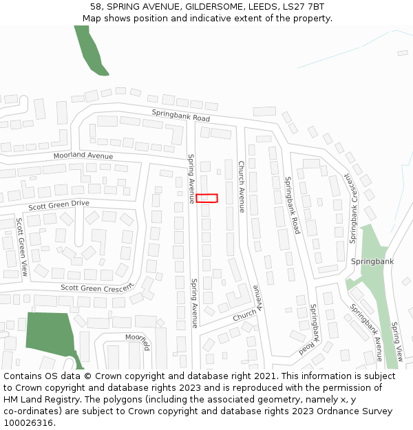 58, SPRING AVENUE, GILDERSOME, LEEDS, LS27 7BT: Location map and indicative extent of plot
