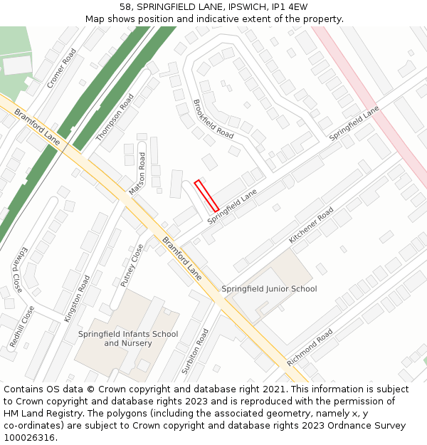 58, SPRINGFIELD LANE, IPSWICH, IP1 4EW: Location map and indicative extent of plot
