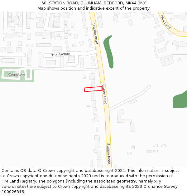 58, STATION ROAD, BLUNHAM, BEDFORD, MK44 3NX: Location map and indicative extent of plot