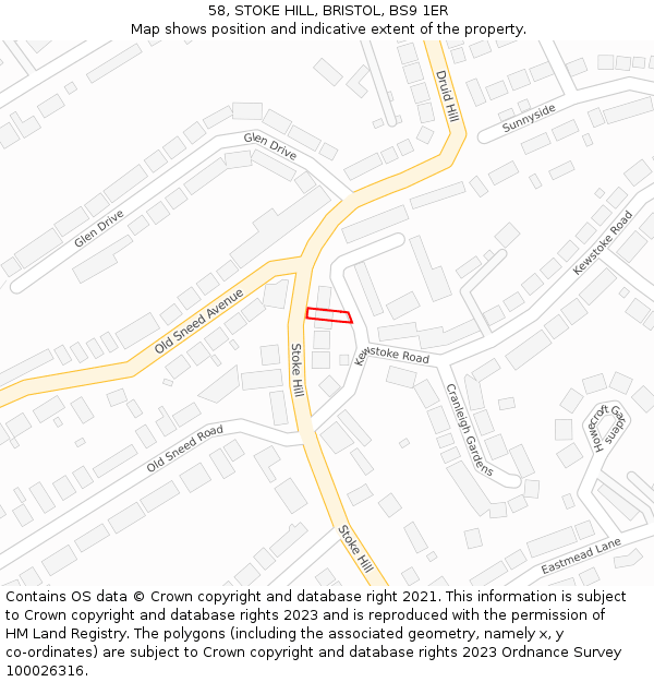58, STOKE HILL, BRISTOL, BS9 1ER: Location map and indicative extent of plot