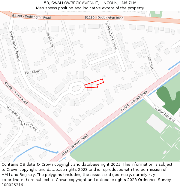 58, SWALLOWBECK AVENUE, LINCOLN, LN6 7HA: Location map and indicative extent of plot