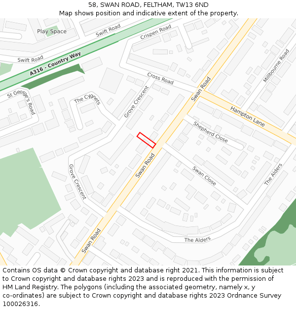 58, SWAN ROAD, FELTHAM, TW13 6ND: Location map and indicative extent of plot
