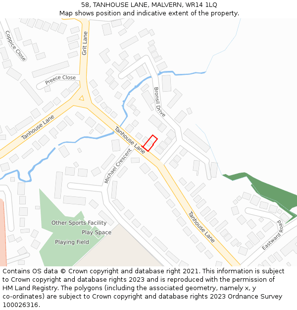 58, TANHOUSE LANE, MALVERN, WR14 1LQ: Location map and indicative extent of plot