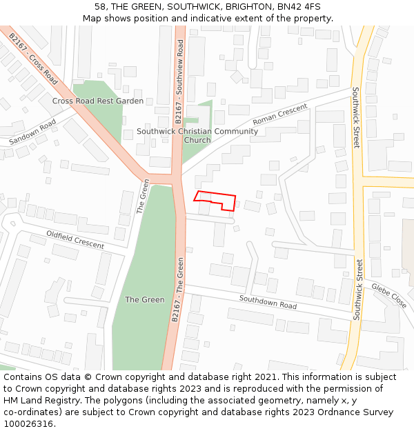 58, THE GREEN, SOUTHWICK, BRIGHTON, BN42 4FS: Location map and indicative extent of plot