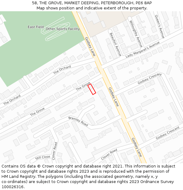 58, THE GROVE, MARKET DEEPING, PETERBOROUGH, PE6 8AP: Location map and indicative extent of plot