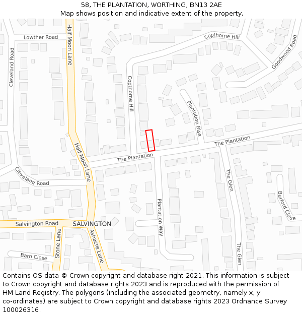 58, THE PLANTATION, WORTHING, BN13 2AE: Location map and indicative extent of plot