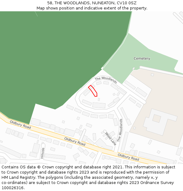 58, THE WOODLANDS, NUNEATON, CV10 0SZ: Location map and indicative extent of plot