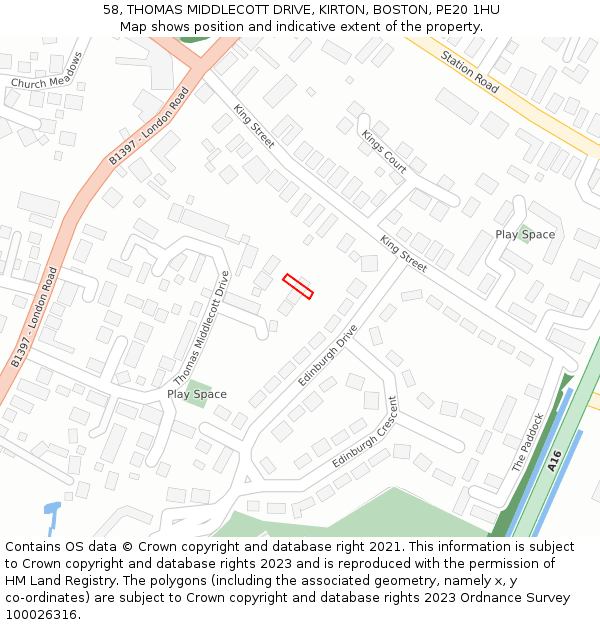 58, THOMAS MIDDLECOTT DRIVE, KIRTON, BOSTON, PE20 1HU: Location map and indicative extent of plot