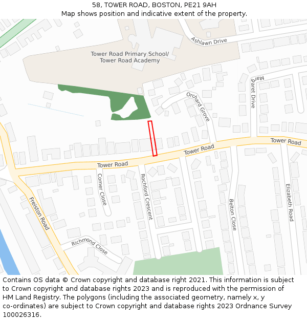 58, TOWER ROAD, BOSTON, PE21 9AH: Location map and indicative extent of plot