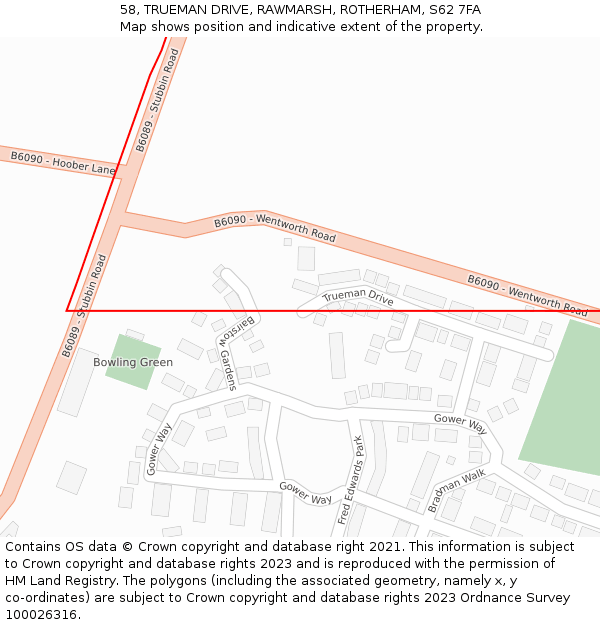 58, TRUEMAN DRIVE, RAWMARSH, ROTHERHAM, S62 7FA: Location map and indicative extent of plot