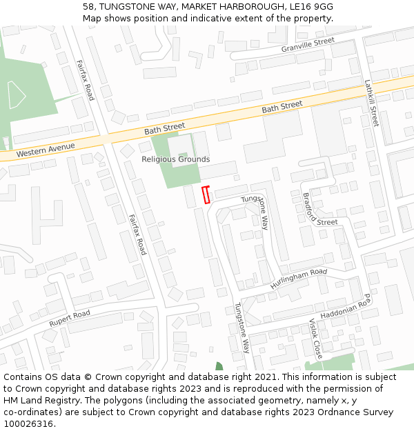 58, TUNGSTONE WAY, MARKET HARBOROUGH, LE16 9GG: Location map and indicative extent of plot