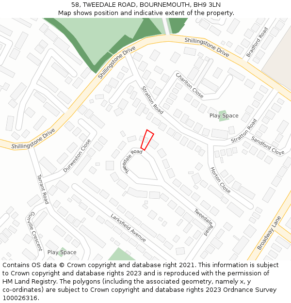 58, TWEEDALE ROAD, BOURNEMOUTH, BH9 3LN: Location map and indicative extent of plot
