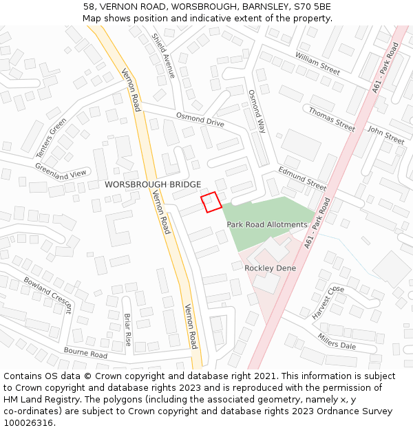 58, VERNON ROAD, WORSBROUGH, BARNSLEY, S70 5BE: Location map and indicative extent of plot