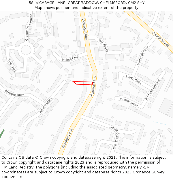 58, VICARAGE LANE, GREAT BADDOW, CHELMSFORD, CM2 8HY: Location map and indicative extent of plot