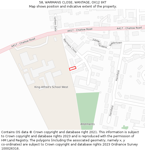 58, WARMANS CLOSE, WANTAGE, OX12 9XT: Location map and indicative extent of plot