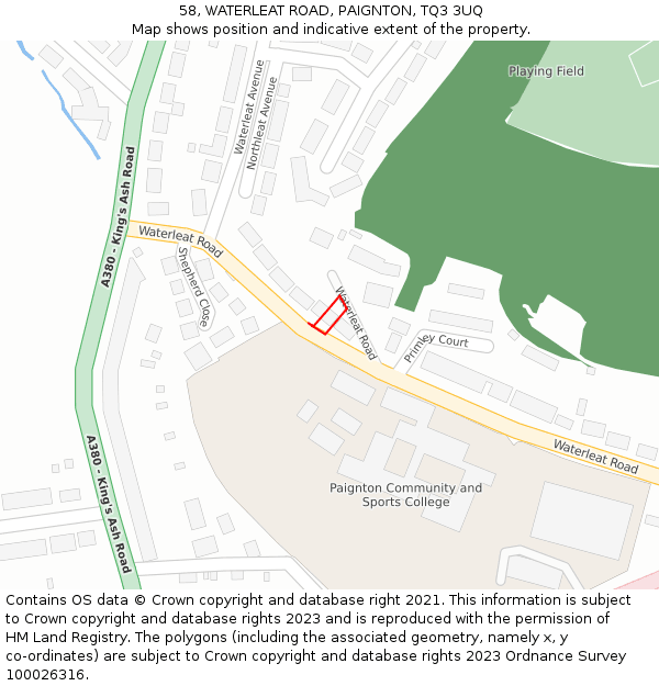 58, WATERLEAT ROAD, PAIGNTON, TQ3 3UQ: Location map and indicative extent of plot