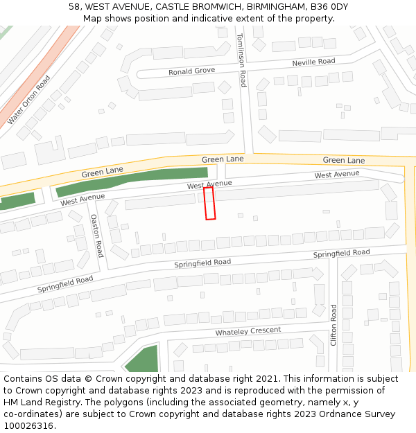 58, WEST AVENUE, CASTLE BROMWICH, BIRMINGHAM, B36 0DY: Location map and indicative extent of plot