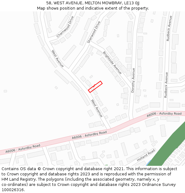 58, WEST AVENUE, MELTON MOWBRAY, LE13 0JJ: Location map and indicative extent of plot