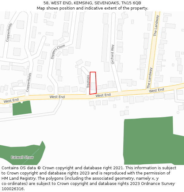 58, WEST END, KEMSING, SEVENOAKS, TN15 6QB: Location map and indicative extent of plot