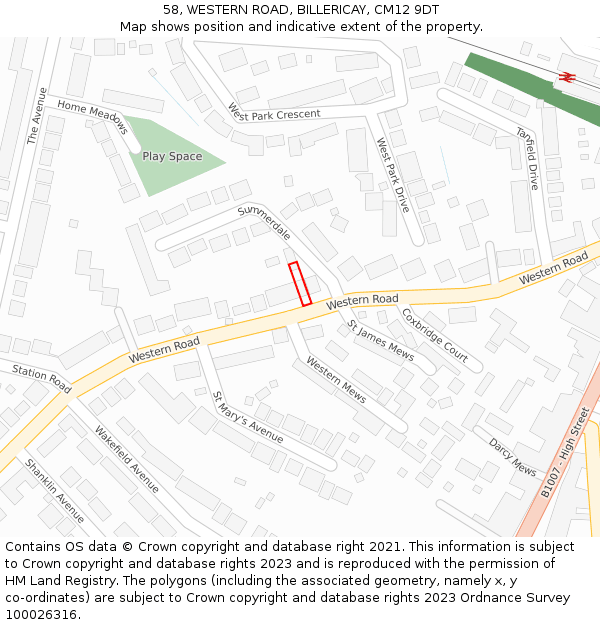 58, WESTERN ROAD, BILLERICAY, CM12 9DT: Location map and indicative extent of plot