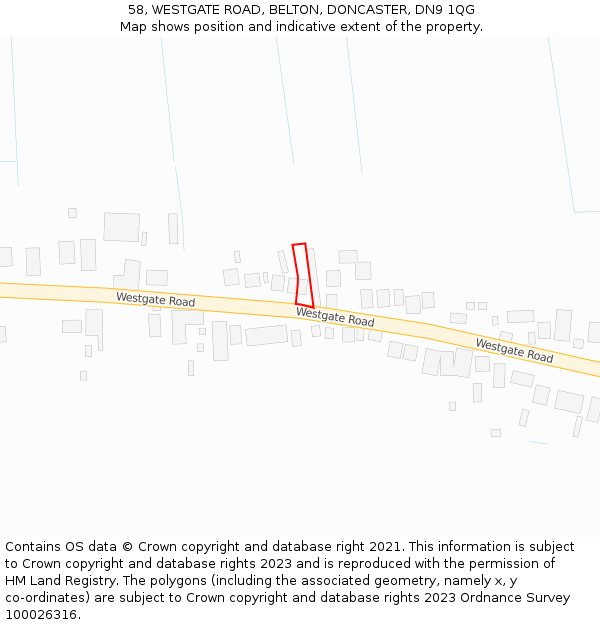 58, WESTGATE ROAD, BELTON, DONCASTER, DN9 1QG: Location map and indicative extent of plot