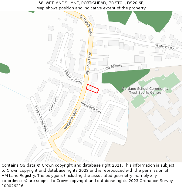 58, WETLANDS LANE, PORTISHEAD, BRISTOL, BS20 6RJ: Location map and indicative extent of plot