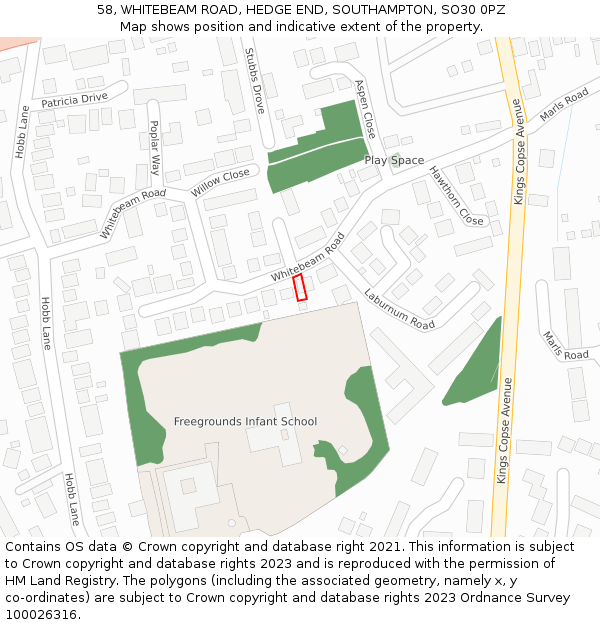 58, WHITEBEAM ROAD, HEDGE END, SOUTHAMPTON, SO30 0PZ: Location map and indicative extent of plot