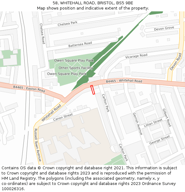 58, WHITEHALL ROAD, BRISTOL, BS5 9BE: Location map and indicative extent of plot