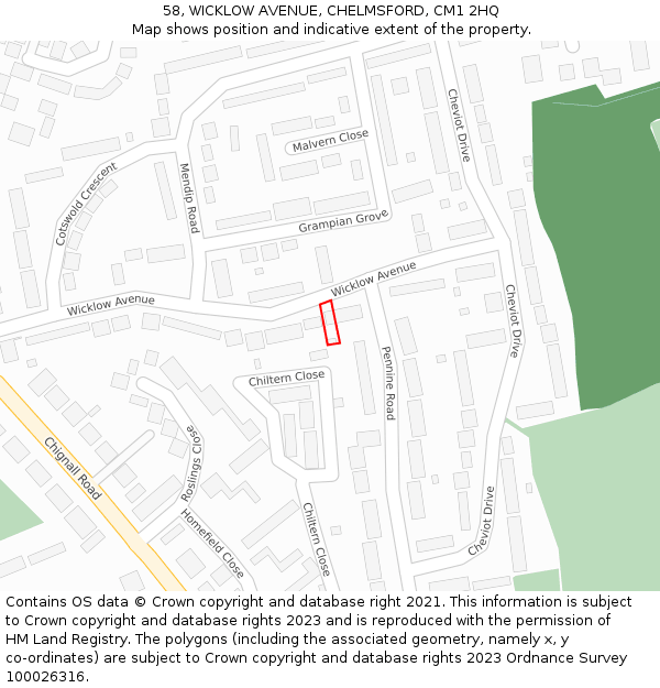 58, WICKLOW AVENUE, CHELMSFORD, CM1 2HQ: Location map and indicative extent of plot