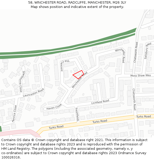 58, WINCHESTER ROAD, RADCLIFFE, MANCHESTER, M26 3LY: Location map and indicative extent of plot