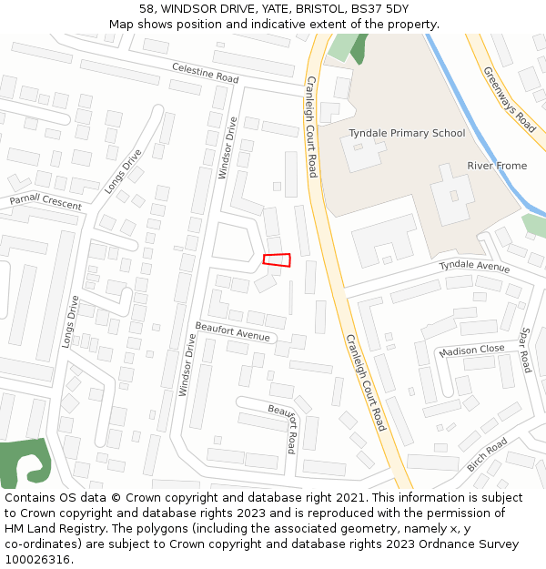 58, WINDSOR DRIVE, YATE, BRISTOL, BS37 5DY: Location map and indicative extent of plot
