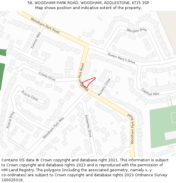 58, WOODHAM PARK ROAD, WOODHAM, ADDLESTONE, KT15 3SP: Location map and indicative extent of plot