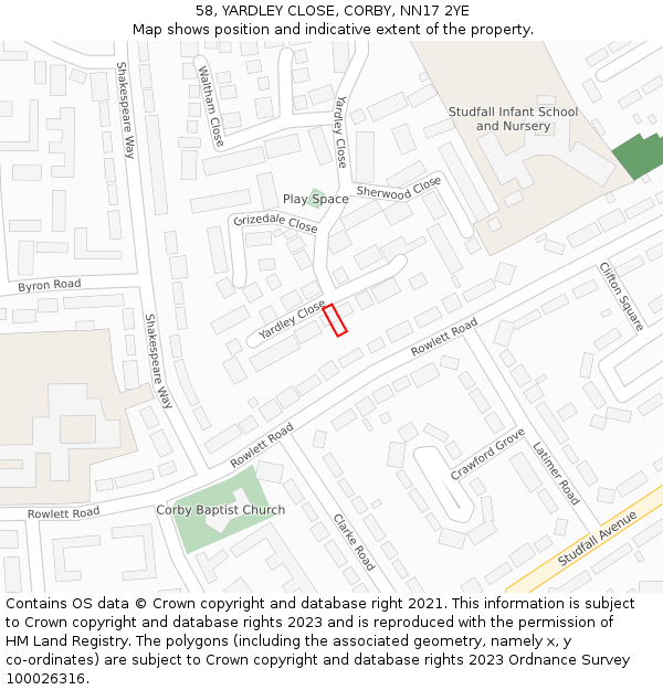 58, YARDLEY CLOSE, CORBY, NN17 2YE: Location map and indicative extent of plot