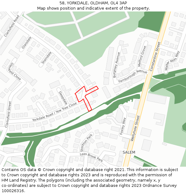 58, YORKDALE, OLDHAM, OL4 3AP: Location map and indicative extent of plot