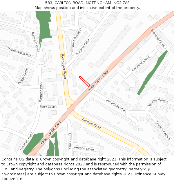 583, CARLTON ROAD, NOTTINGHAM, NG3 7AF: Location map and indicative extent of plot