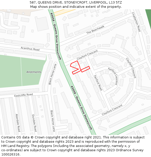 587, QUEENS DRIVE, STONEYCROFT, LIVERPOOL, L13 5TZ: Location map and indicative extent of plot