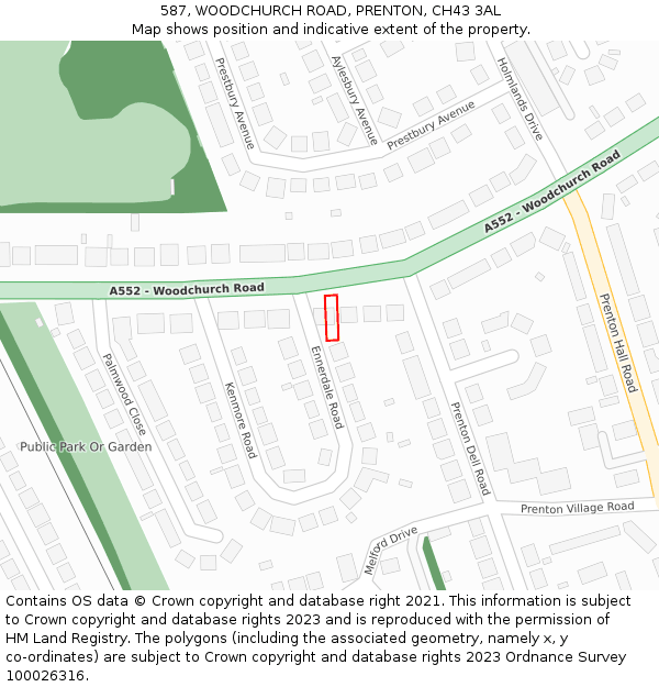 587, WOODCHURCH ROAD, PRENTON, CH43 3AL: Location map and indicative extent of plot