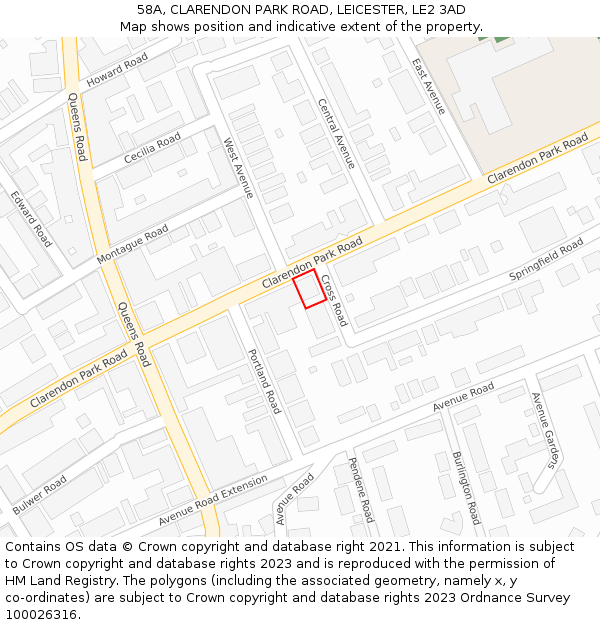 58A, CLARENDON PARK ROAD, LEICESTER, LE2 3AD: Location map and indicative extent of plot