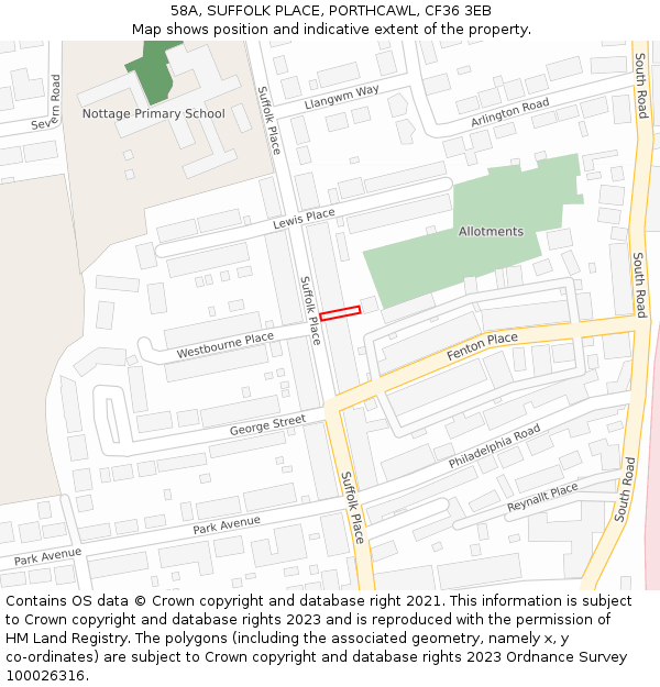 58A, SUFFOLK PLACE, PORTHCAWL, CF36 3EB: Location map and indicative extent of plot