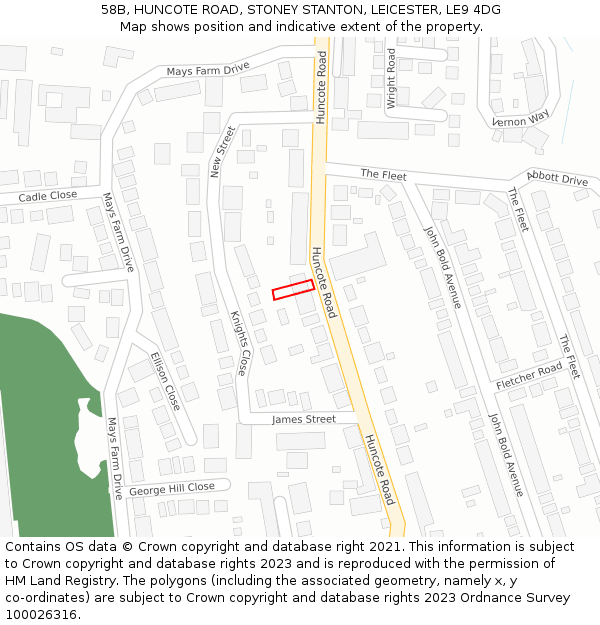 58B, HUNCOTE ROAD, STONEY STANTON, LEICESTER, LE9 4DG: Location map and indicative extent of plot