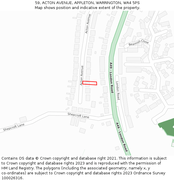 59, ACTON AVENUE, APPLETON, WARRINGTON, WA4 5PS: Location map and indicative extent of plot