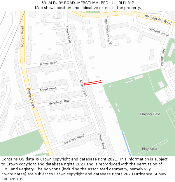 59, ALBURY ROAD, MERSTHAM, REDHILL, RH1 3LP: Location map and indicative extent of plot